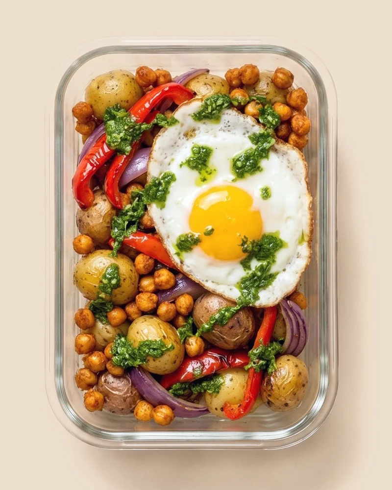 Roasted chickpeas, potatoes, peppers and red onion topped with a fried egg and green sauce in a glass meal-prep container