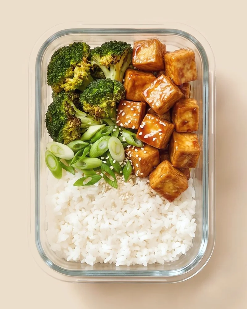 Glazed crispy tofu with broccoli, rice, spring onions and sesame seeds in a glass meal-prep container