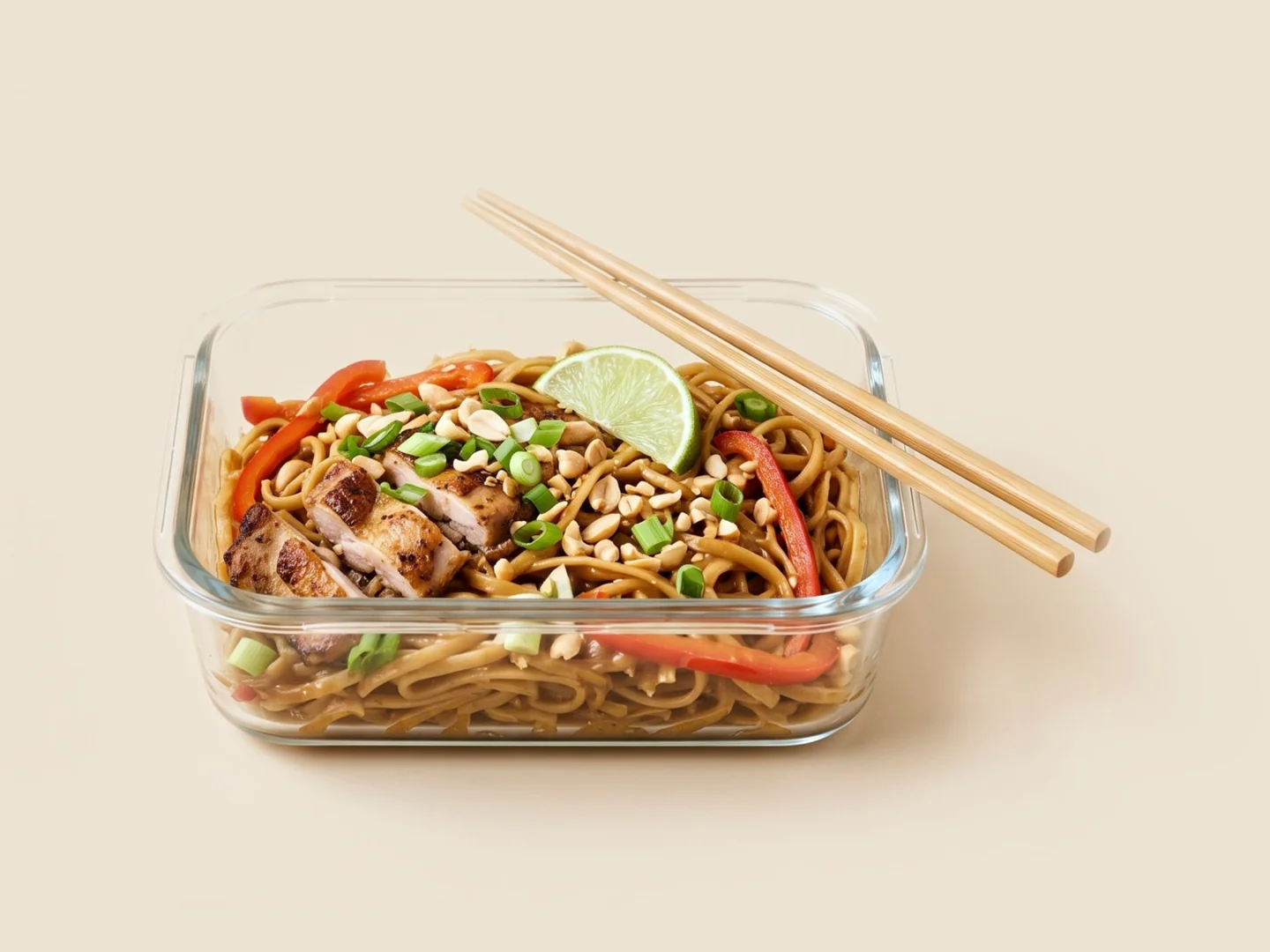 Peanut noodles with chicken, peppers, peanuts and lime in a glass meal-prep container